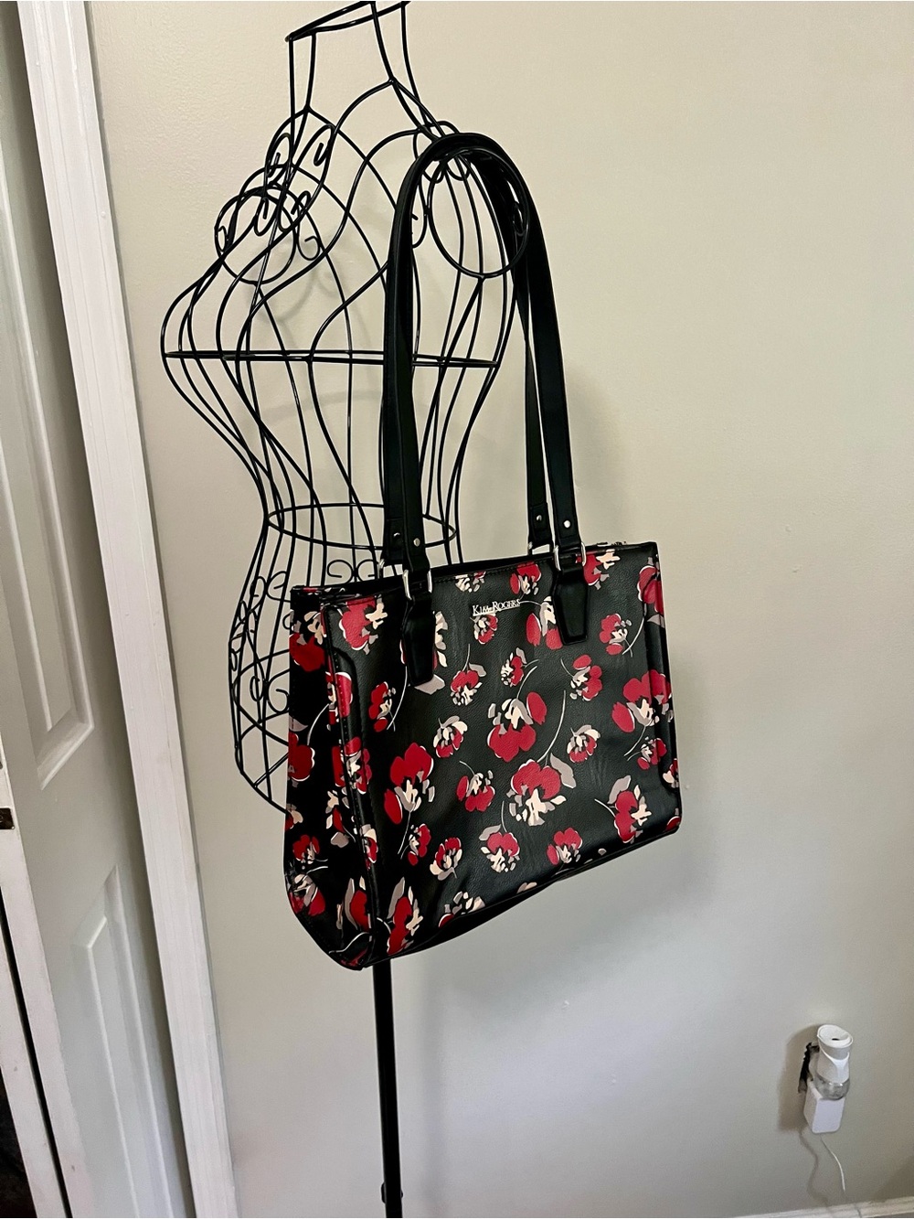 Kim Rogers Black Tote with Red and Cream Floral Print